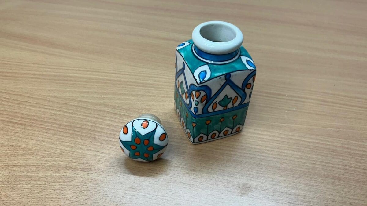 Hand Painted Square Ceramic Jar with Lid · Teal Mughal Motif