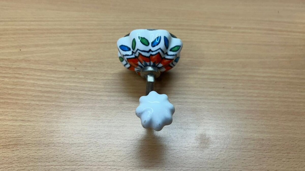 Pumpkin Shape Ceramic Cabinet Knob · White with Lotus Motif