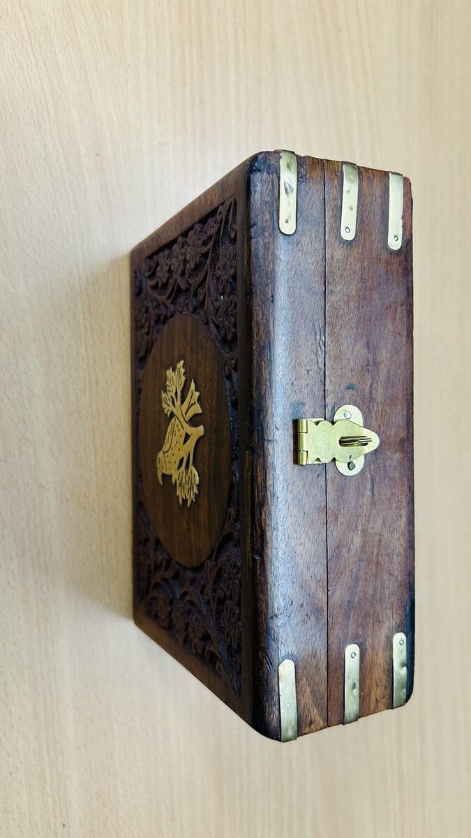 Sheesham Jewelry Box with Brass Eagle Inlay & Brass-Reinforced Corners