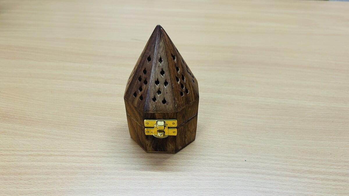 Sheesham Wood Pyramid Cone Incense Burner with Brass Tray