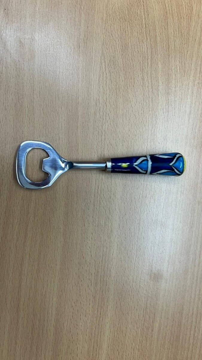Ceramic Handle Bottle Opener · Blue Floral Pattern