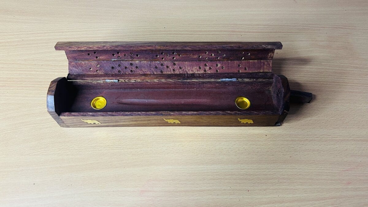 Sheesham Coffin Incense Box with Brass Elephant Inlay & Ash Drawer