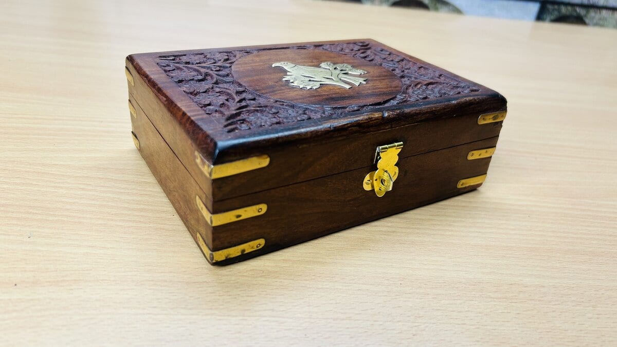 Sheesham Jewelry Box with Brass Eagle Inlay & Brass-Reinforced Corners