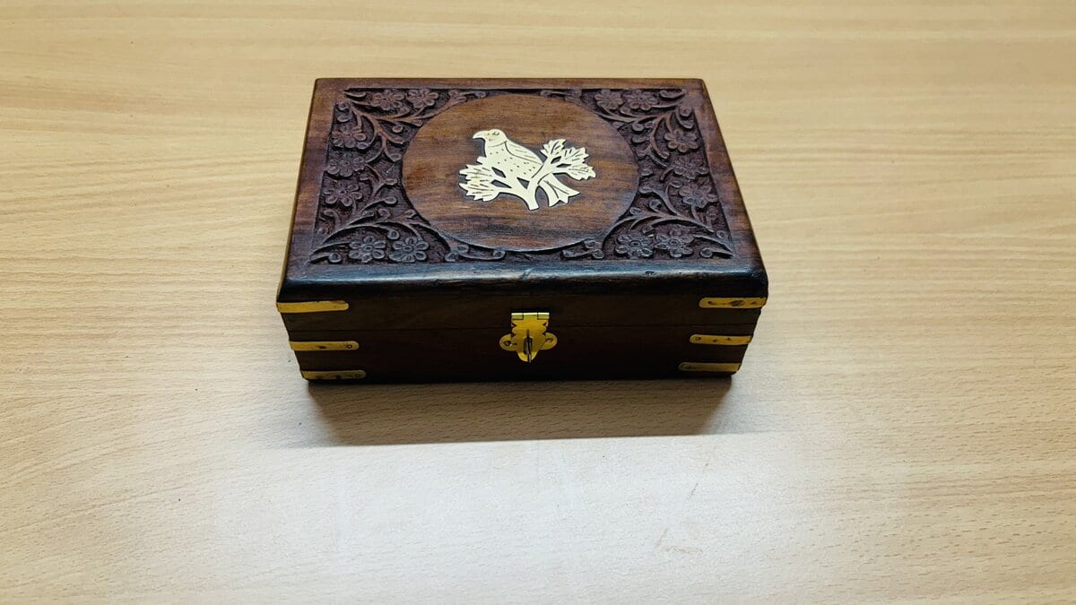 Sheesham Jewelry Box with Brass Eagle Inlay & Brass-Reinforced Corners