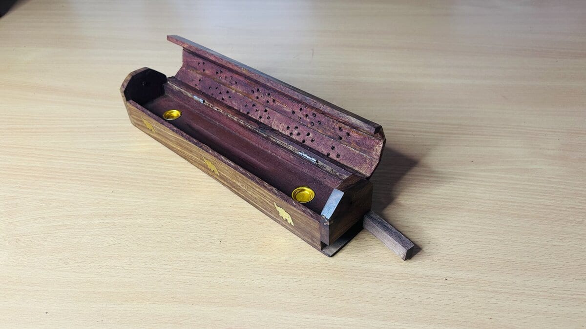 Sheesham Coffin Incense Box with Brass Elephant Inlay & Ash Drawer