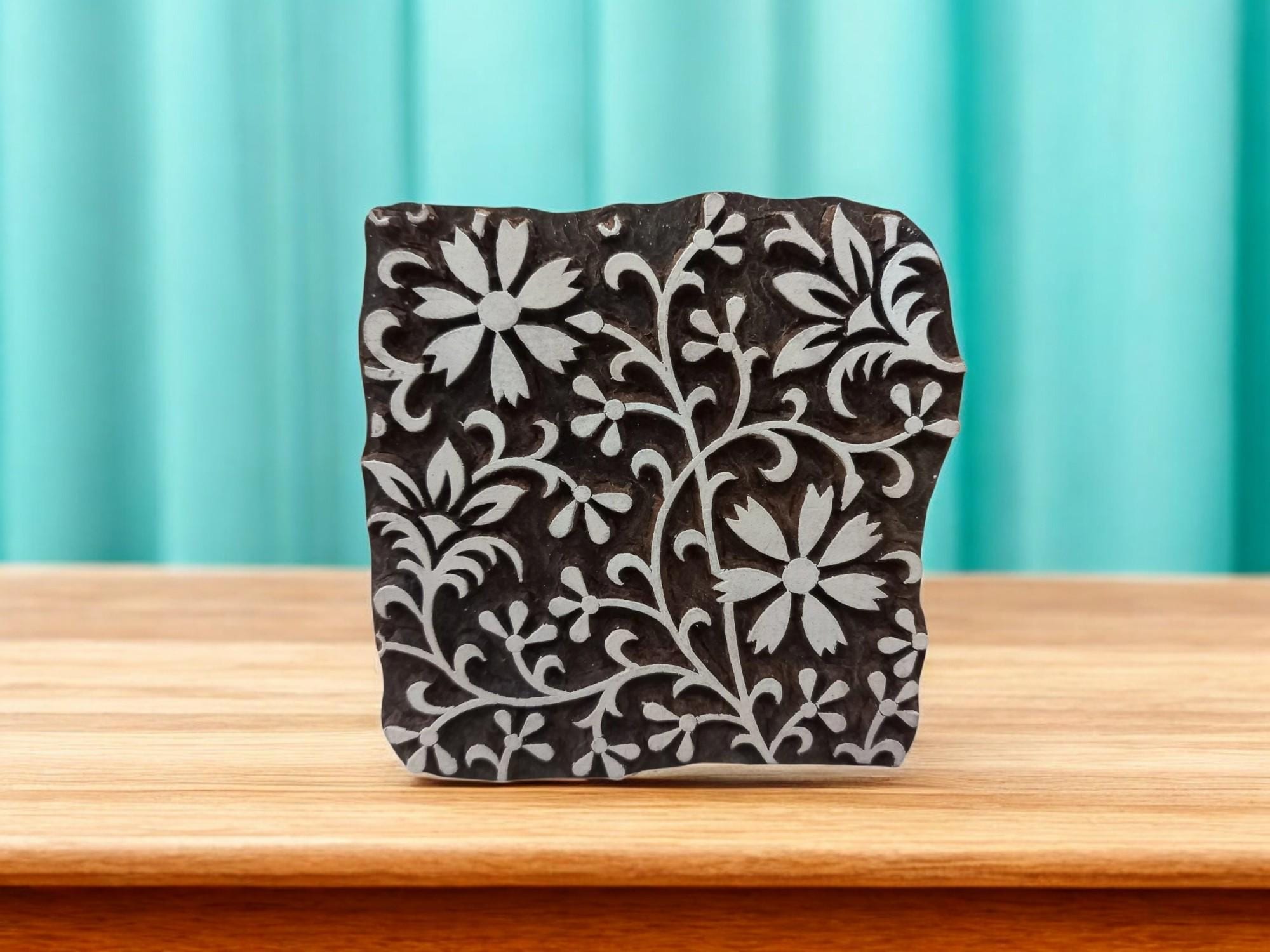 Floral Wooden Printing Block, Ceramic Stamp, 10cm