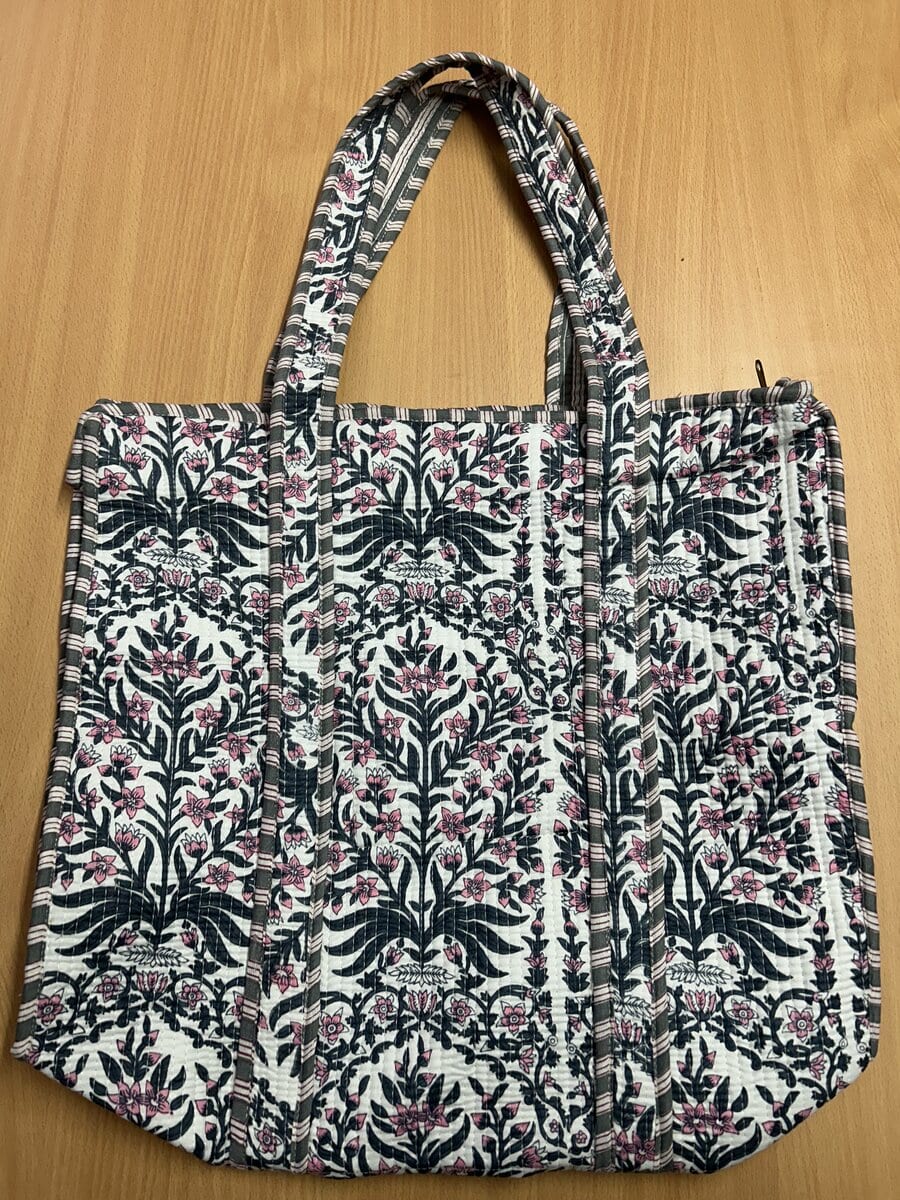Jaipuri Floral Block-Print Kantha Tote with Matching Pouch · Charcoal & Pink