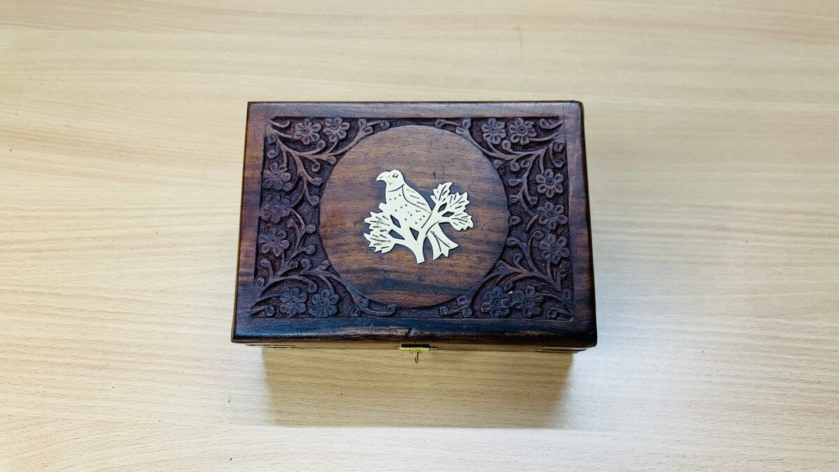 Sheesham Jewelry Box with Brass Eagle Inlay & Brass-Reinforced Corners