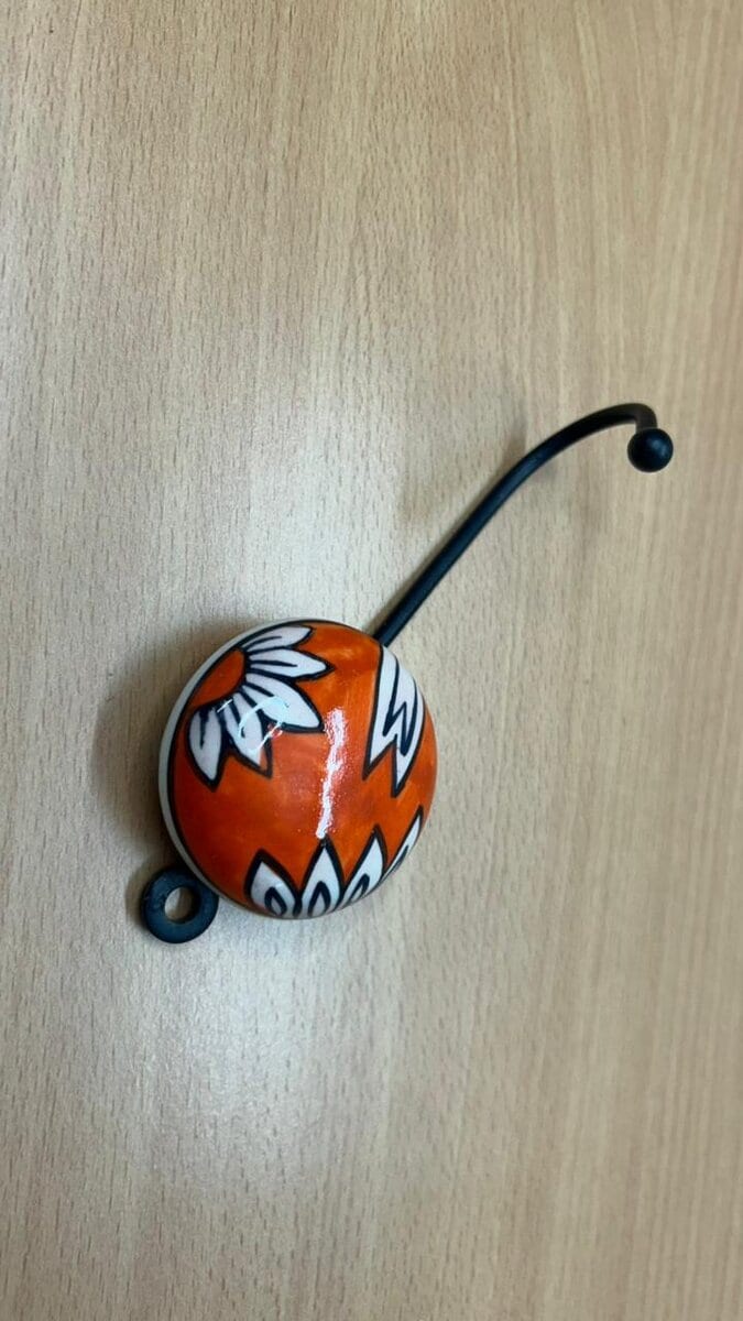 Wall Hook with Round Ceramic Knob · Orange and White Leaf Motif