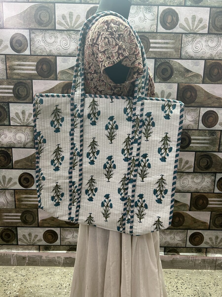 Jaipuri Mughal Motif Kantha Tote · Teal