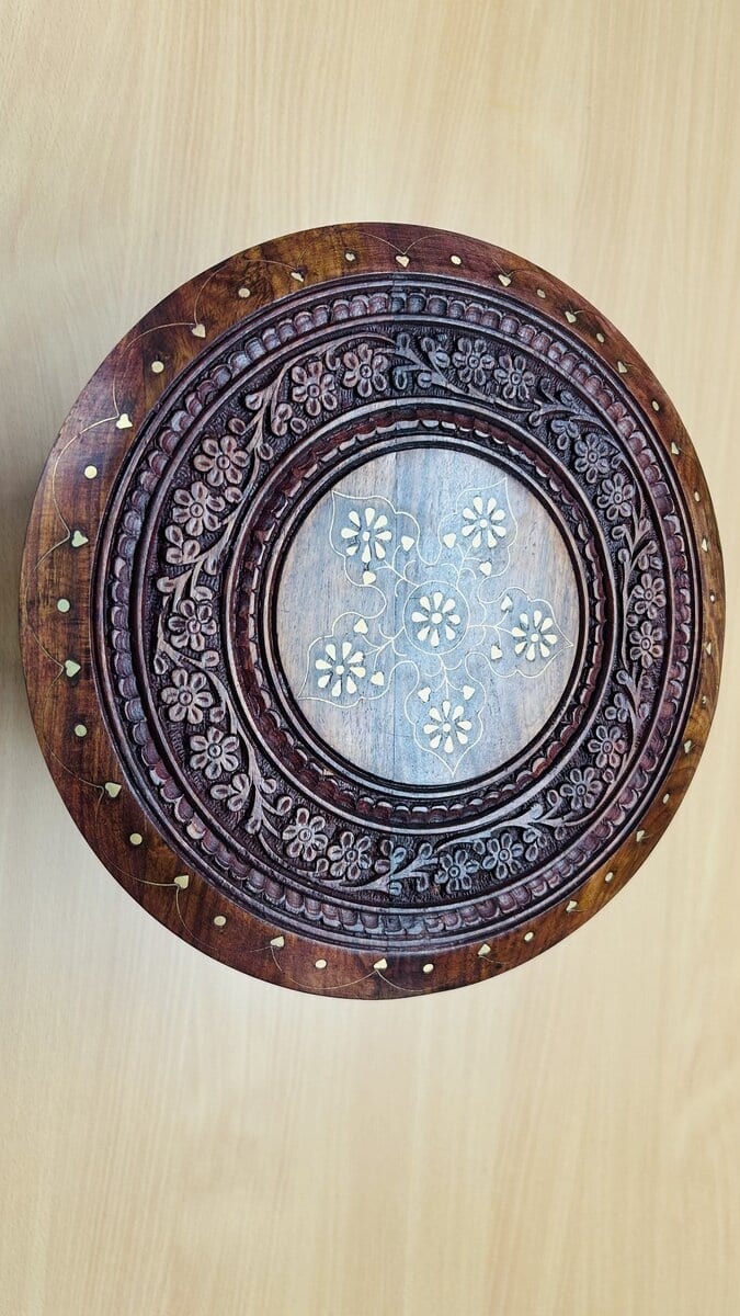 Round Folding Sheesham Chowki / Stool with Brass Inlay & Carved Jali Legs
