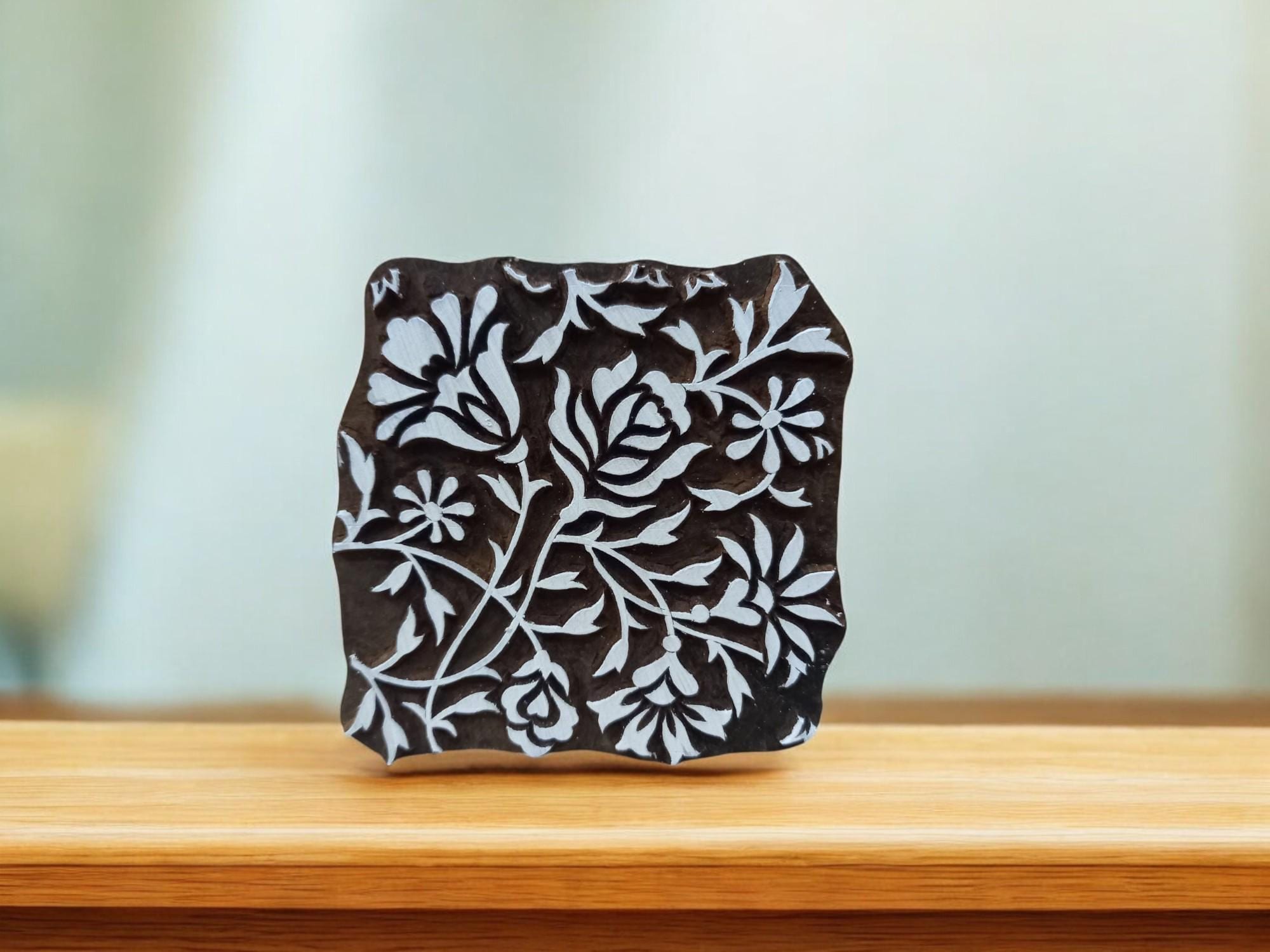 Floral Carved Wooden Printing Block, Ceramic Pottery Stamp (10x10cm)