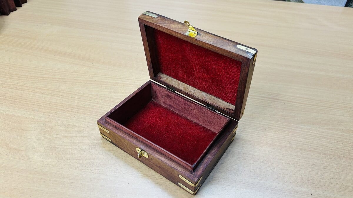 Sheesham Jewelry Box with Brass Eagle Inlay & Brass-Reinforced Corners