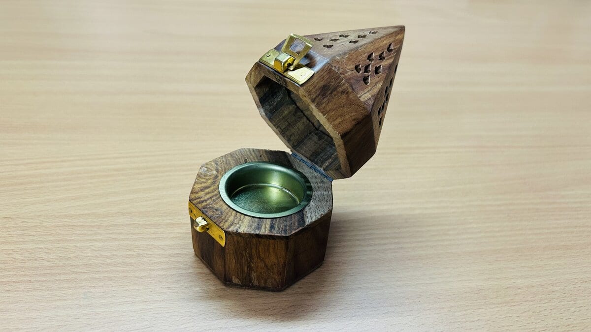 Sheesham Wood Pyramid Cone Incense Burner with Brass Tray