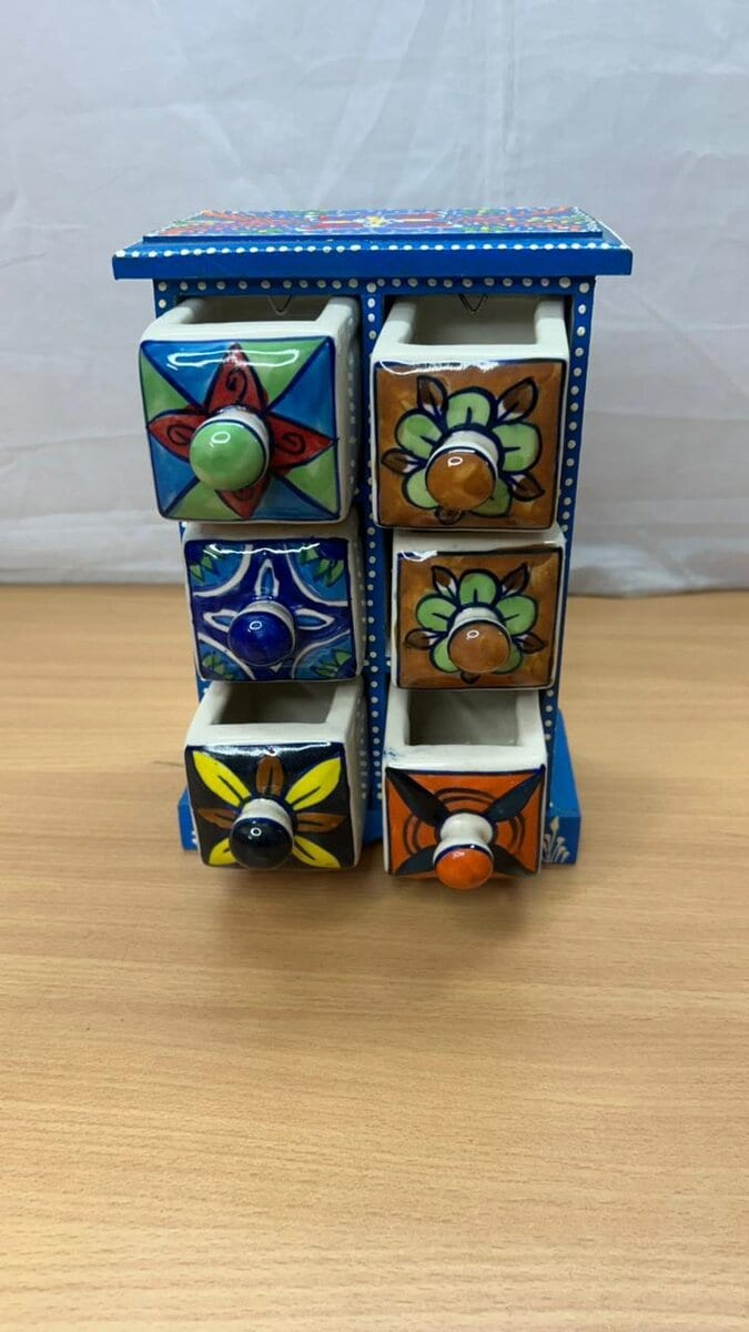 Six Drawer Painted Wood and Ceramic Mini Chest