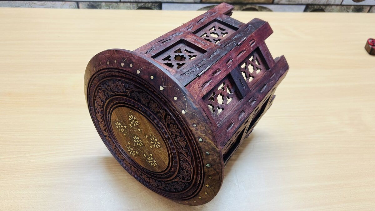 Round Folding Sheesham Chowki / Stool with Brass Inlay & Carved Jali Legs