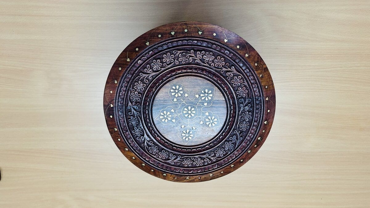 Round Folding Sheesham Chowki / Stool with Brass Inlay & Carved Jali Legs