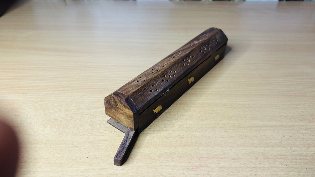 Sheesham Coffin Incense Box with Brass Elephant Inlay & Ash Drawer