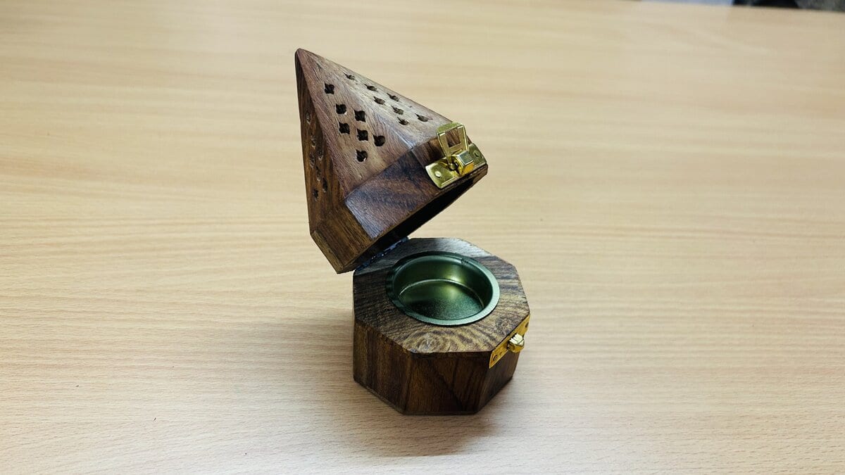 Sheesham Wood Pyramid Cone Incense Burner with Brass Tray
