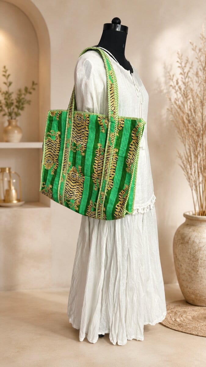 Jaipuri Tiger Print Kantha Tote with Matching Pouch · Green