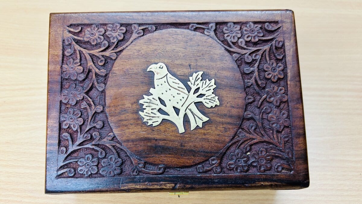 Sheesham Jewelry Box with Brass Eagle Inlay & Brass-Reinforced Corners