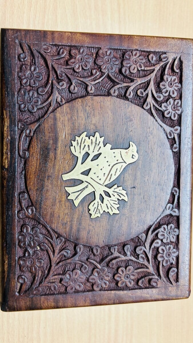 Sheesham Jewelry Box with Brass Eagle Inlay & Brass-Reinforced Corners