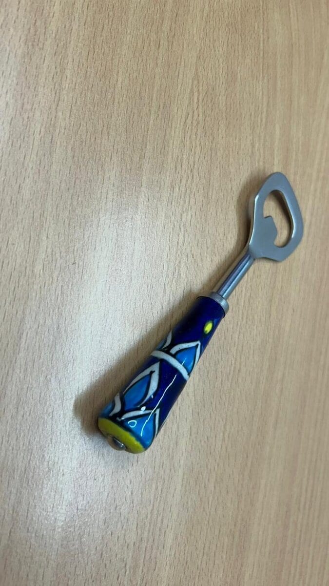 Ceramic Handle Bottle Opener · Blue Floral Pattern
