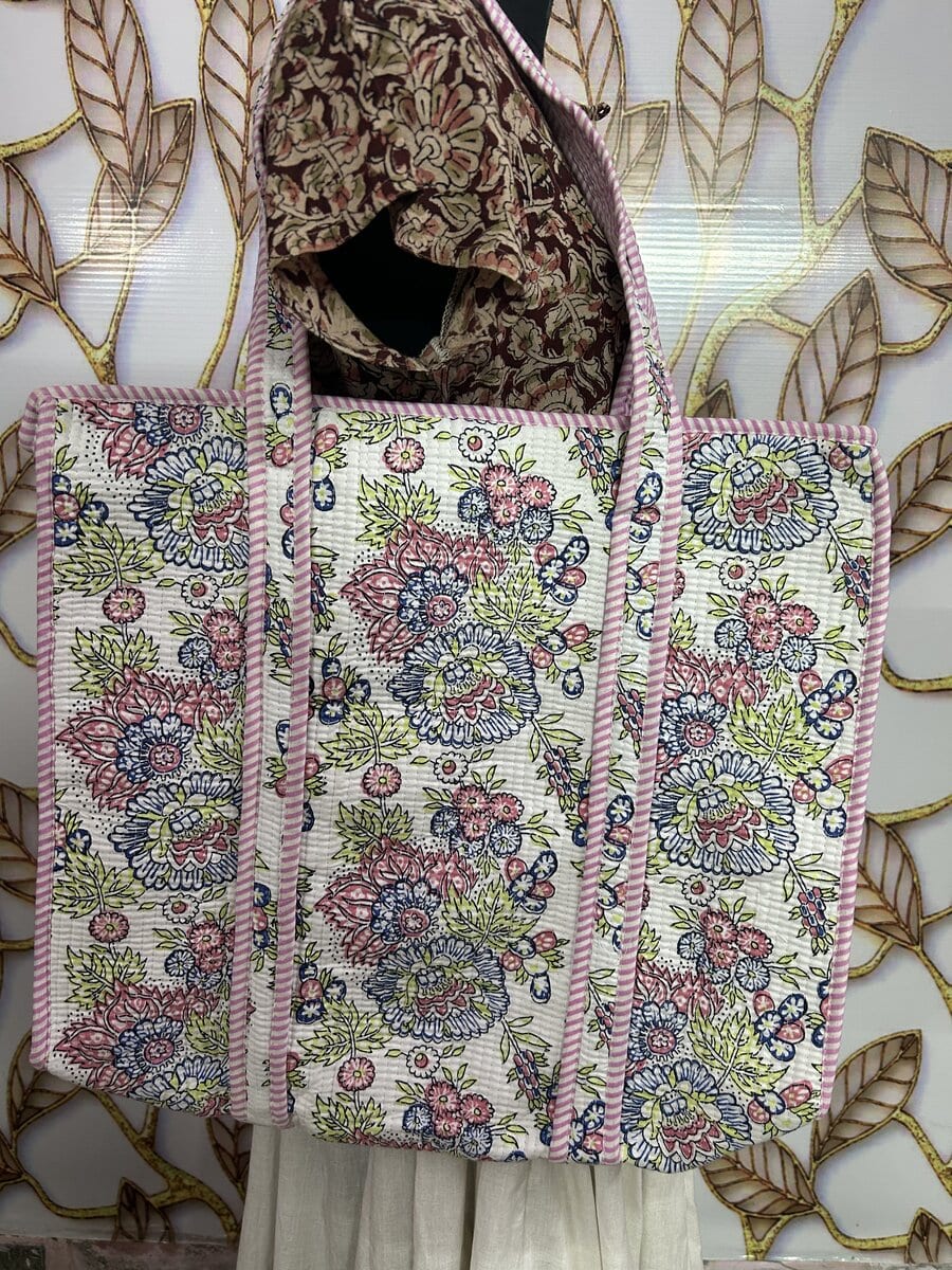 Jaipuri Pink Multi-Floral Kantha Tote with Matching Pouch