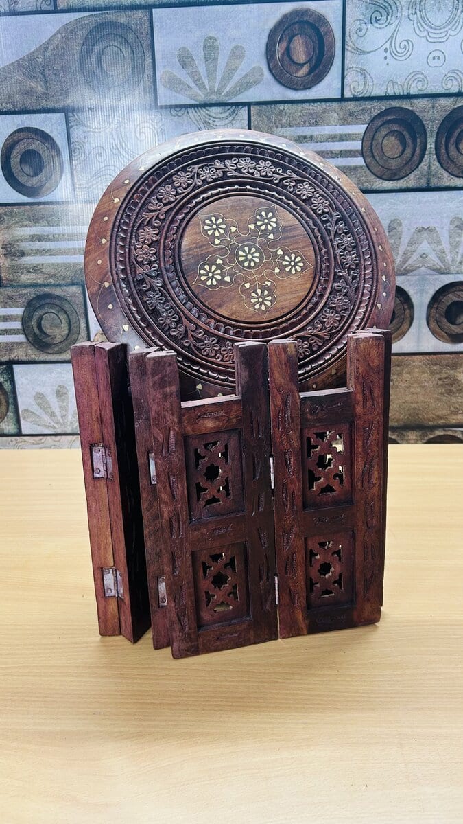 Round Folding Sheesham Chowki / Stool with Brass Inlay & Carved Jali Legs