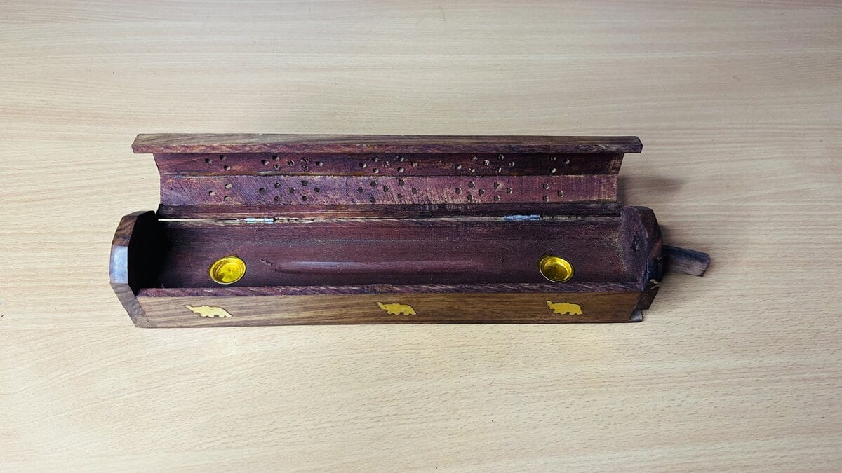 Sheesham Coffin Incense Box with Brass Elephant Inlay & Ash Drawer