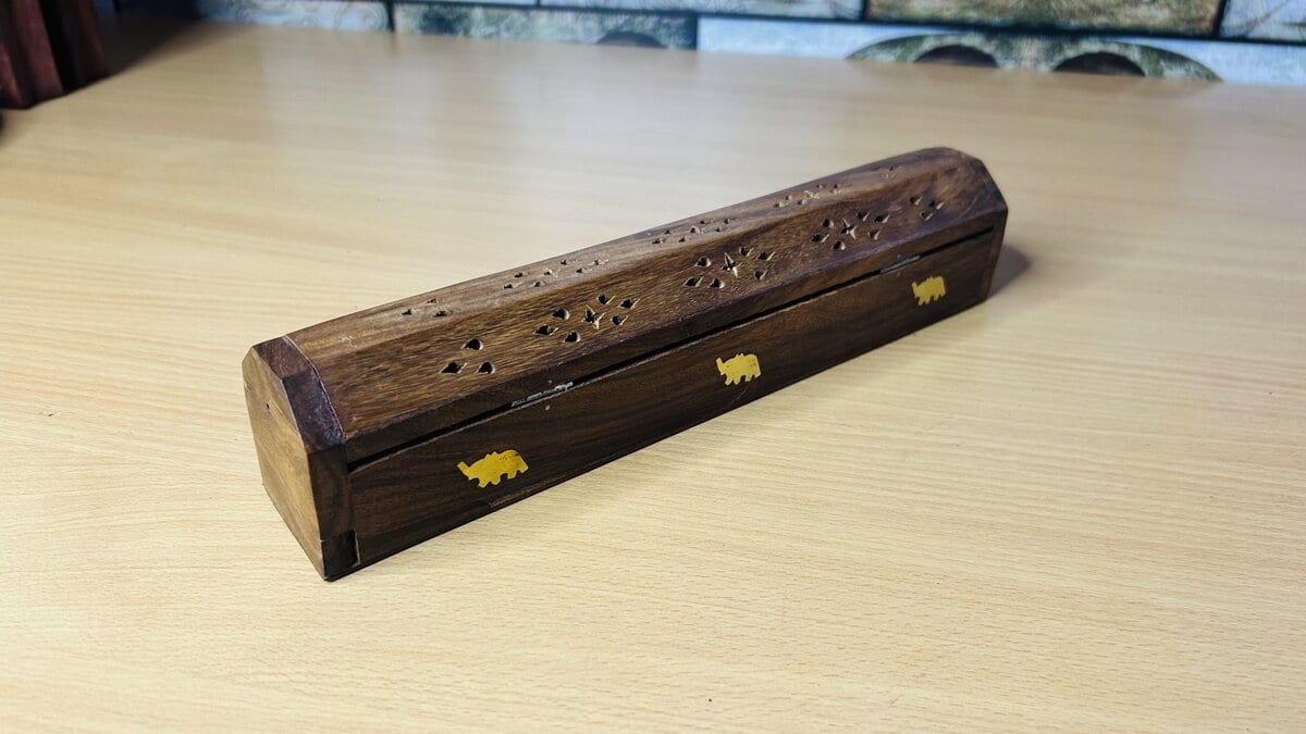 Sheesham Coffin Incense Box with Brass Elephant Inlay & Ash Drawer