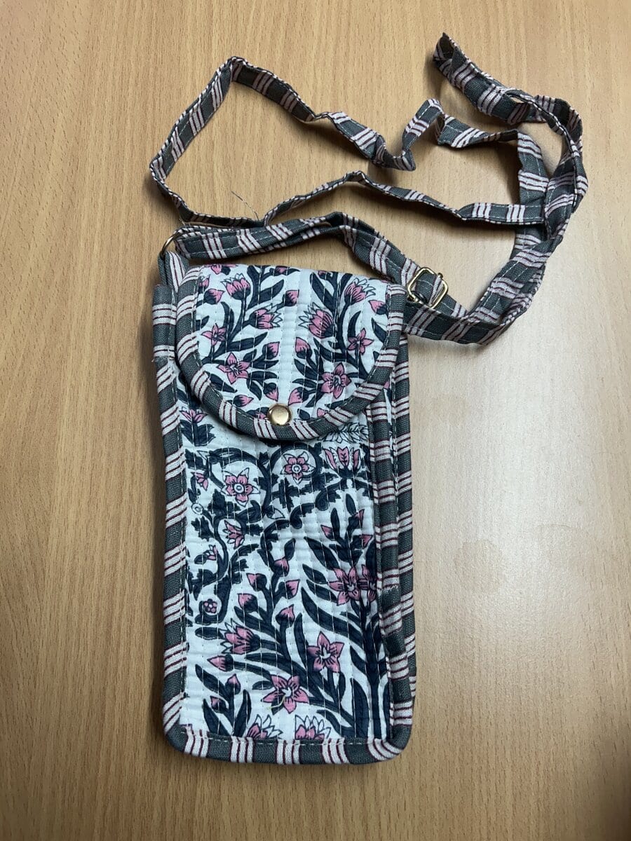 Jaipuri Floral Block-Print Kantha Tote with Matching Pouch · Charcoal & Pink