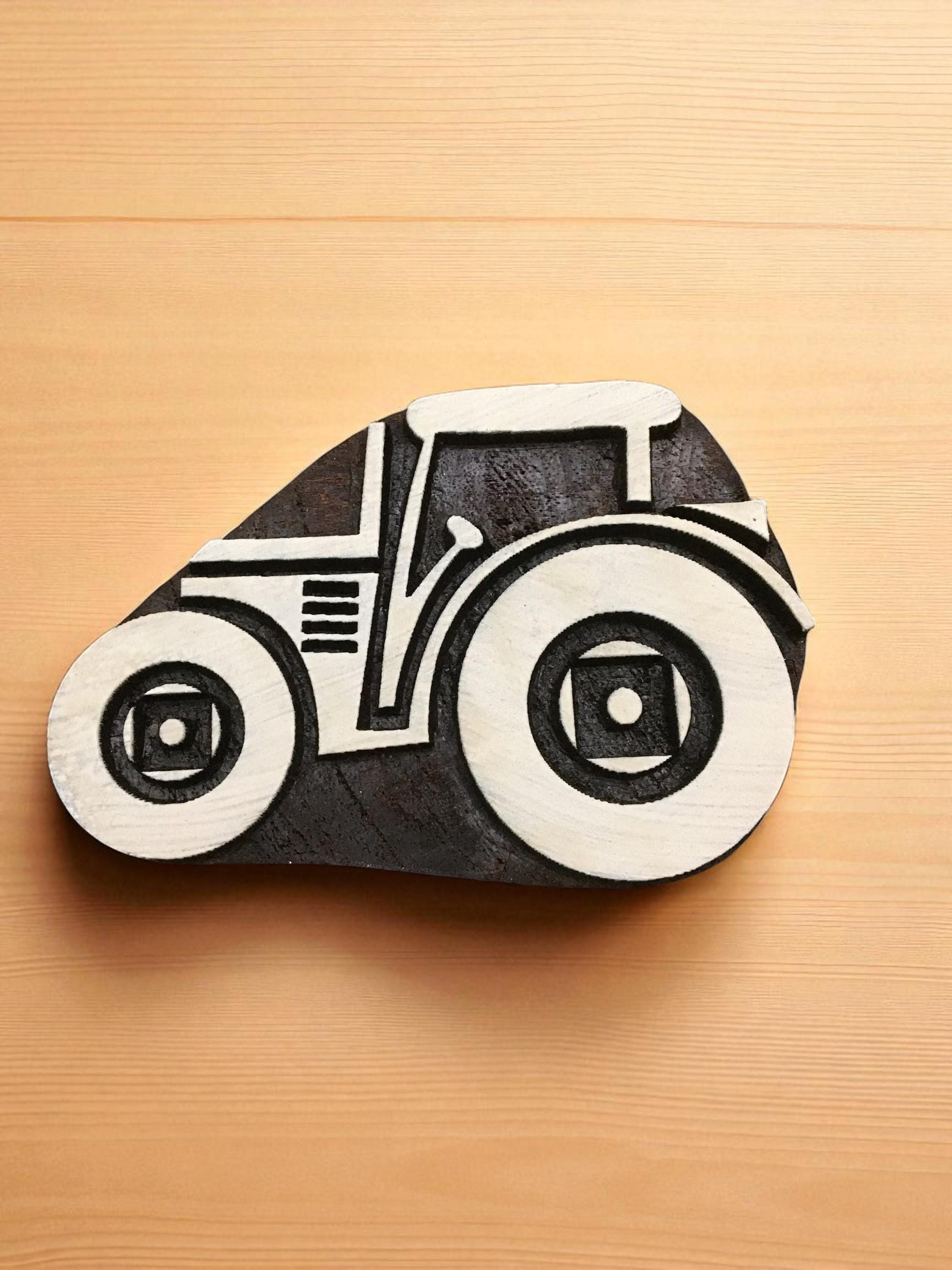 Christmas Farmyard Tractor, hand carved Indian wood printing block; textile stamp; pottery stamp,