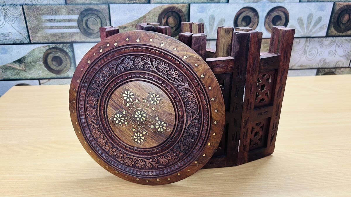 Round Folding Sheesham Chowki / Stool with Brass Inlay & Carved Jali Legs