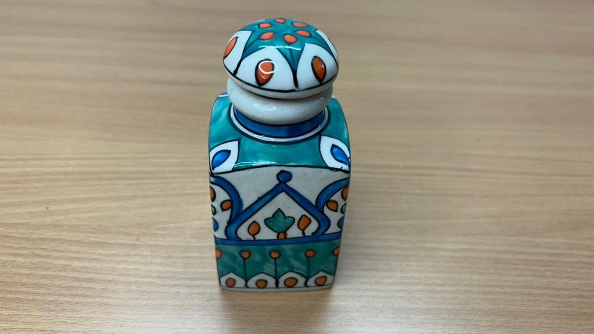 Hand Painted Square Ceramic Jar with Lid · Teal Mughal Motif