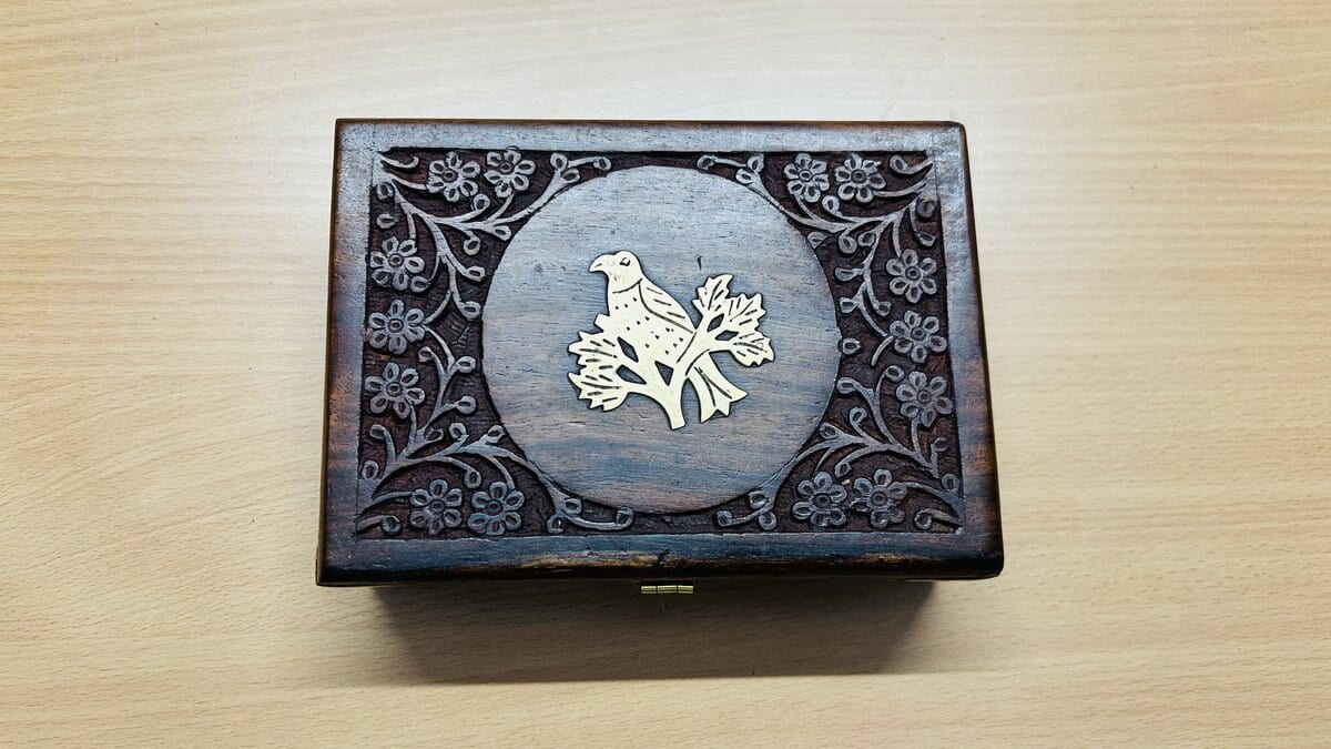 Sheesham Jewelry Box with Brass Eagle Inlay & Brass-Reinforced Corners