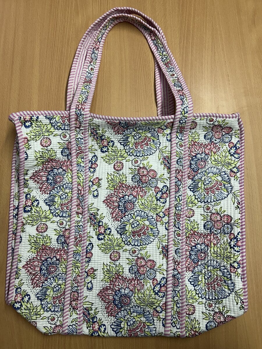 Jaipuri Pink Multi-Floral Kantha Tote with Matching Pouch