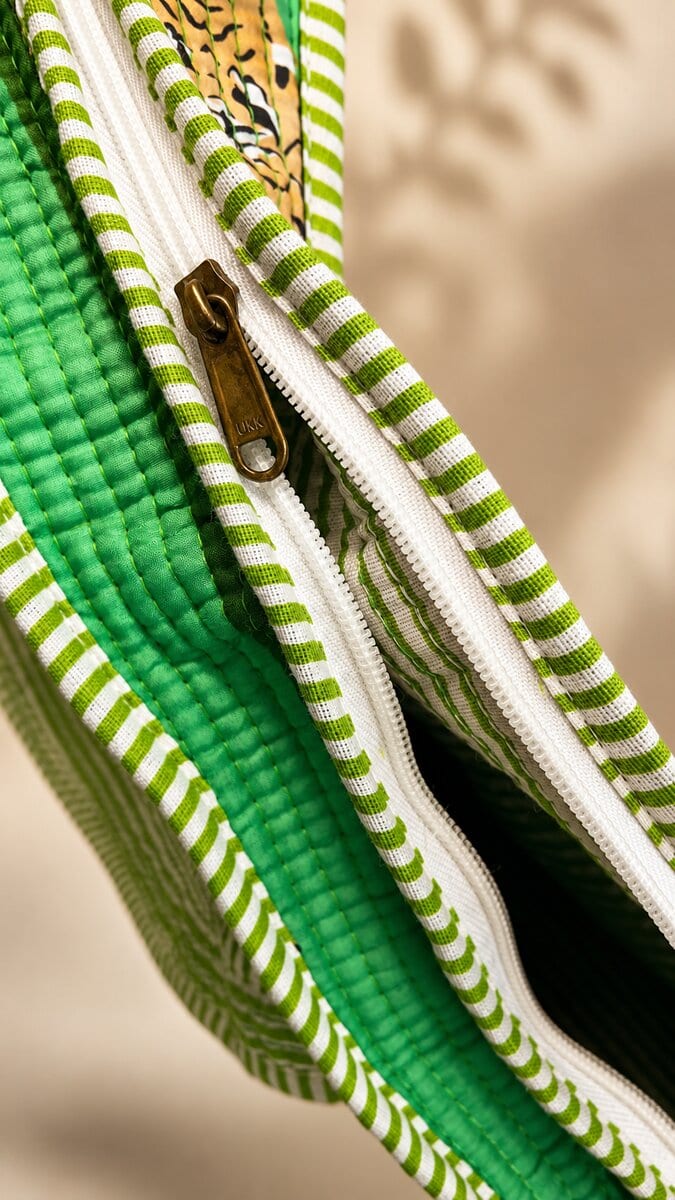Jaipuri Tiger Print Kantha Tote with Matching Pouch · Green