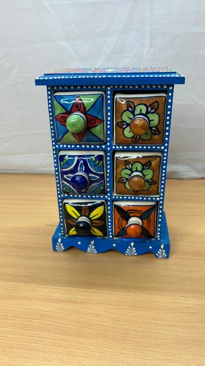 Six Drawer Painted Wood and Ceramic Mini Chest