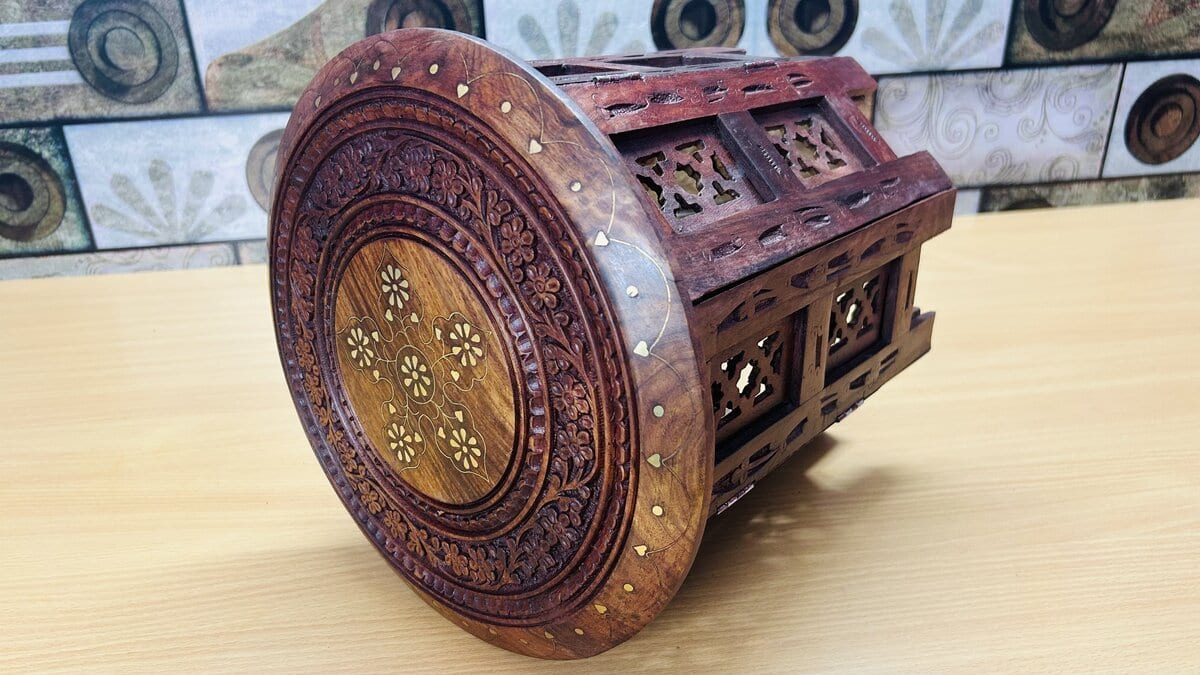 Round Folding Sheesham Chowki / Stool with Brass Inlay & Carved Jali Legs