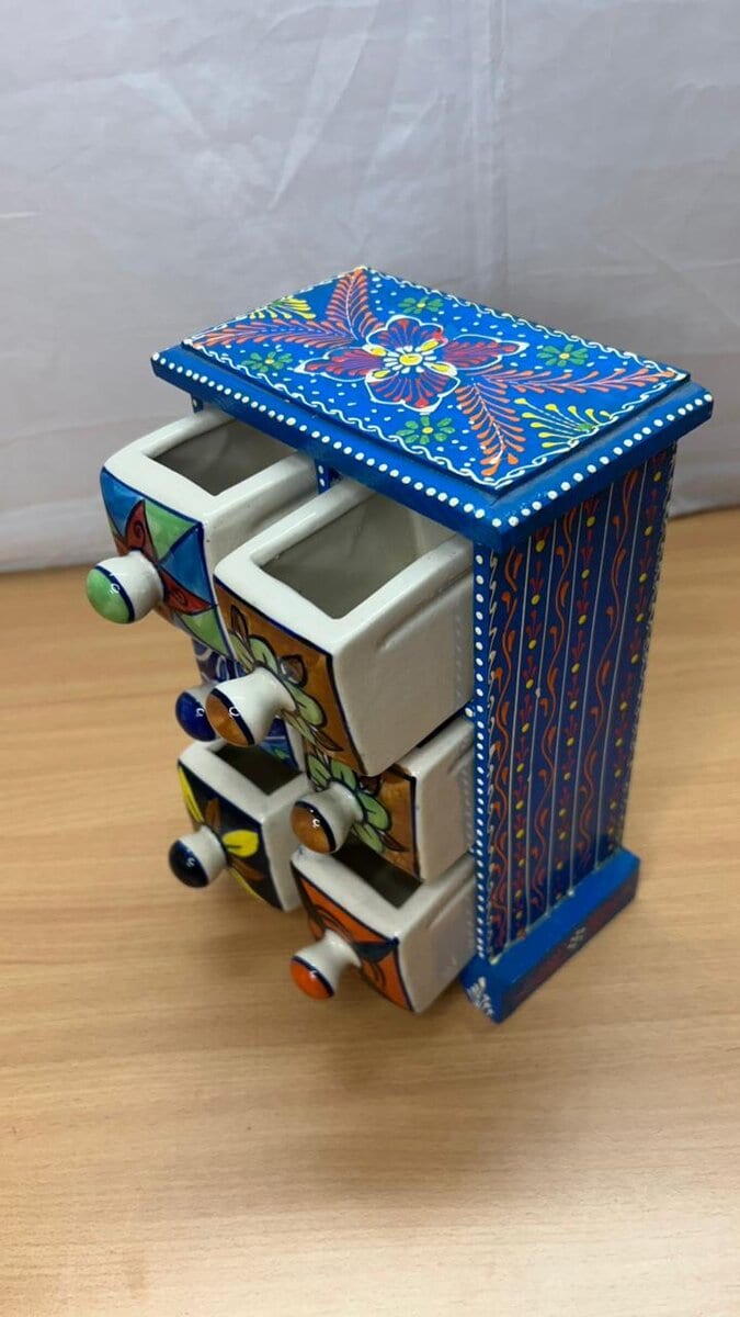 Six Drawer Painted Wood and Ceramic Mini Chest