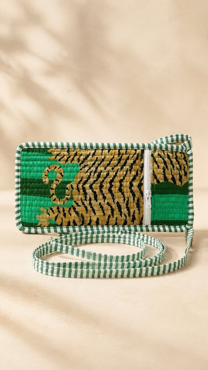 Jaipuri Tiger Print Kantha Tote with Matching Pouch · Green