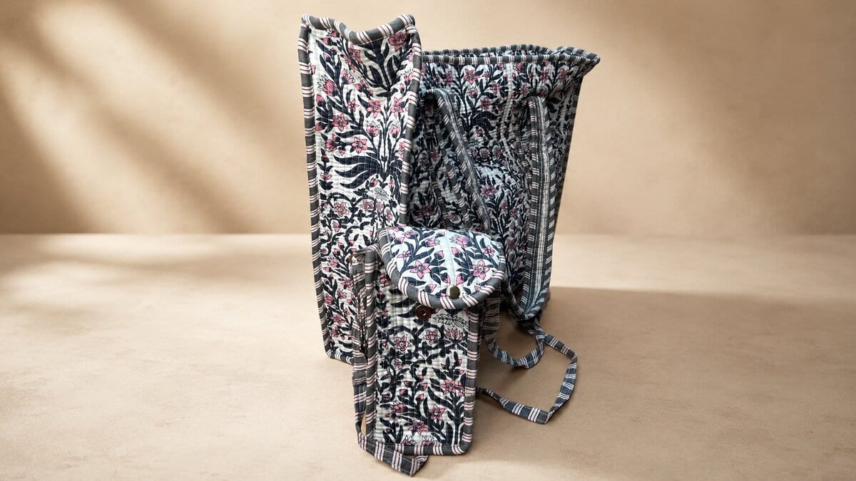 Jaipuri Floral Block-Print Kantha Tote with Matching Pouch · Charcoal & Pink