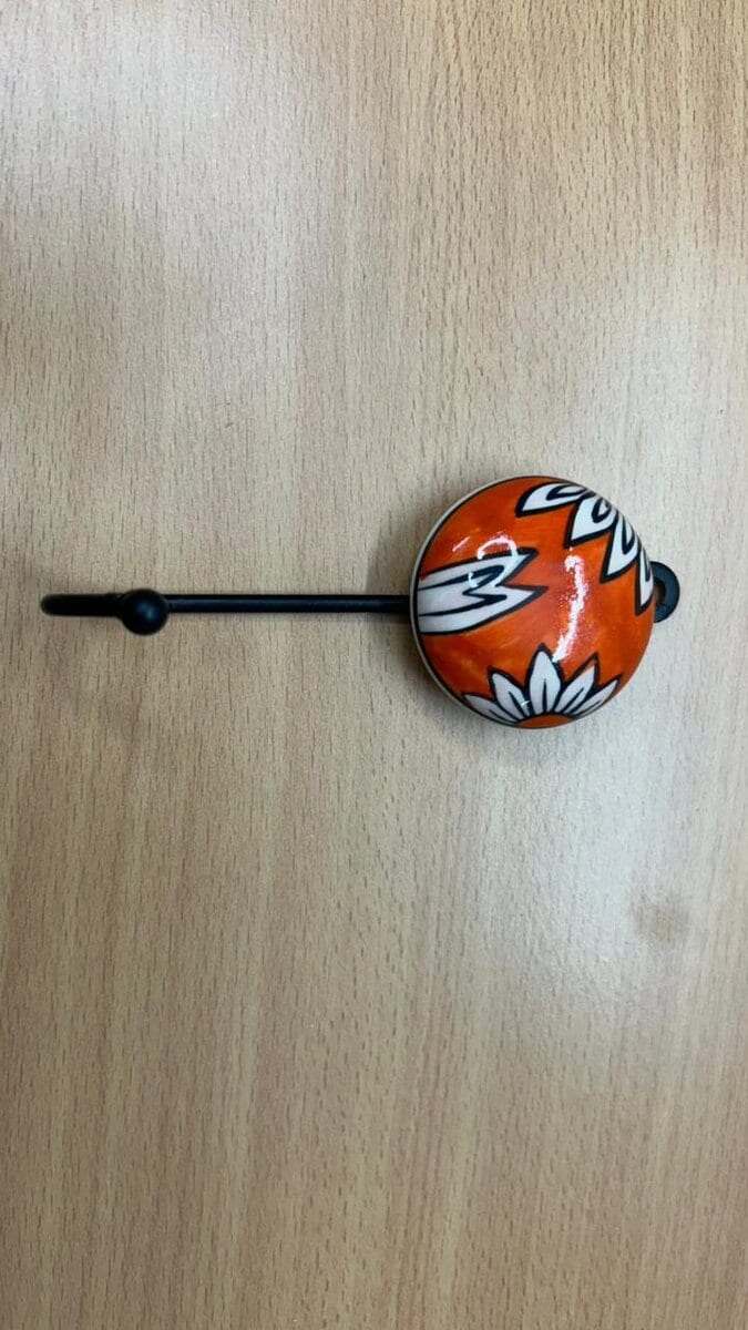 Wall Hook with Round Ceramic Knob · Orange and White Leaf Motif