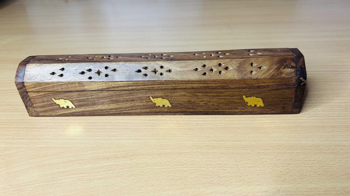 Sheesham Coffin Incense Box with Brass Elephant Inlay & Ash Drawer