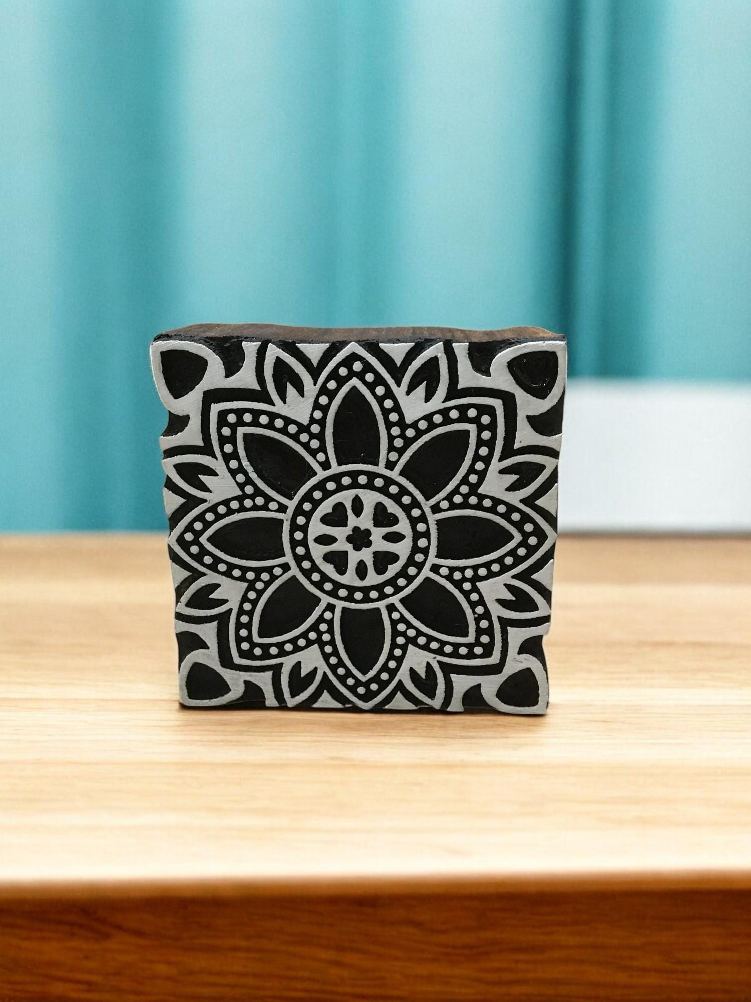 Moroccan Tile Printing Block, Indian Floral Wood Stamp (9x9cm)