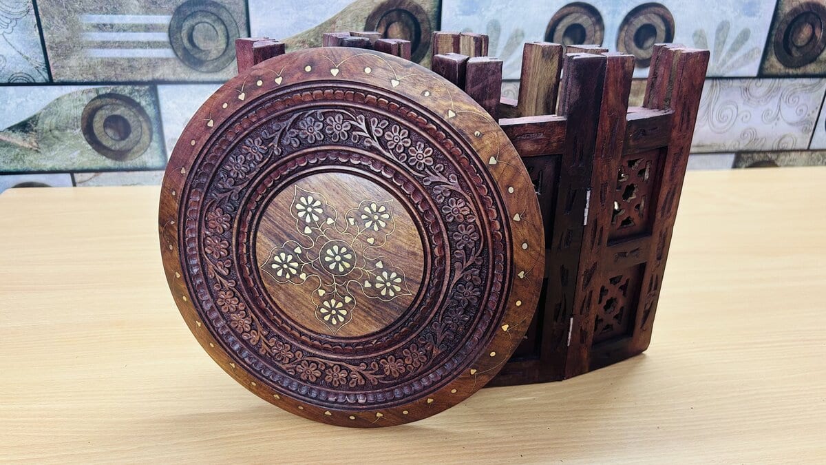 Round Folding Sheesham Chowki / Stool with Brass Inlay & Carved Jali Legs